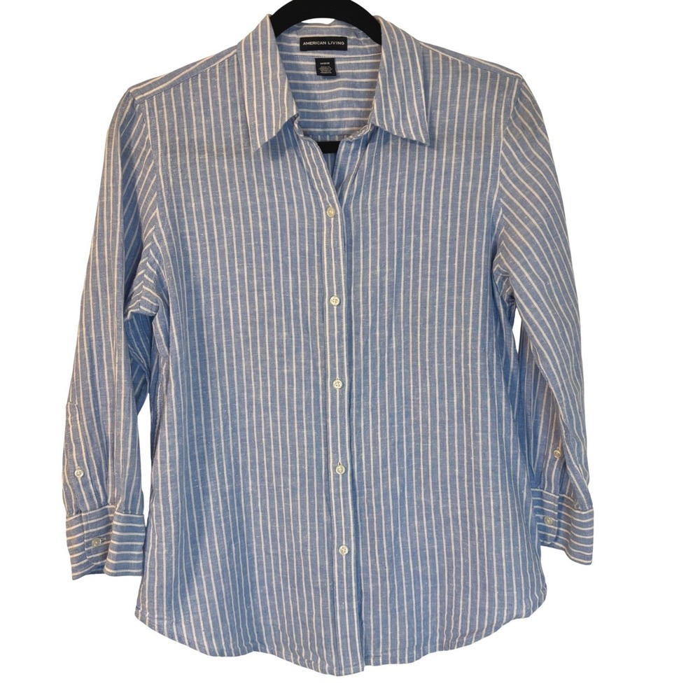 Blue White Striped Linen Cotton Button Down Shirt 3/4 Sleeve M Nautical Sailor